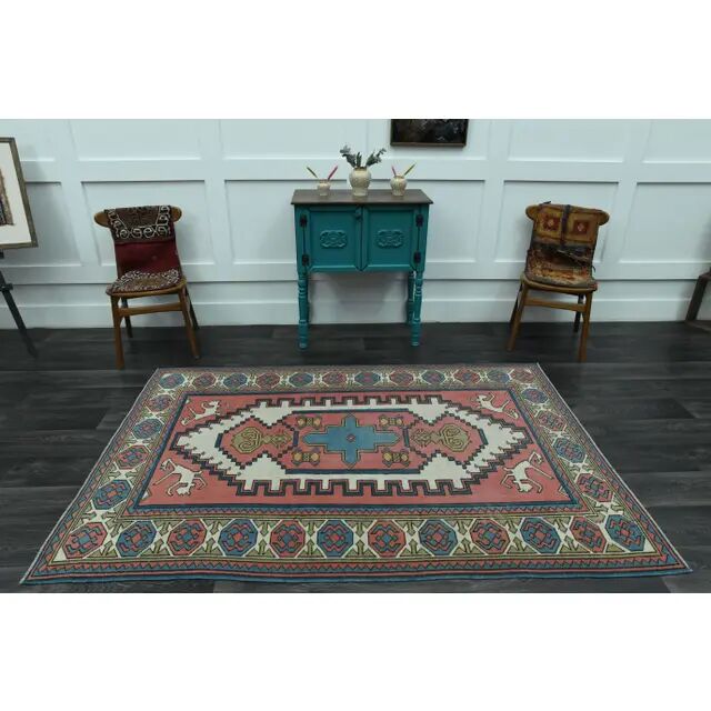 1970s Vintage Turkish Oushak Handmade Wool Cotton Pink Area Rug 151x225