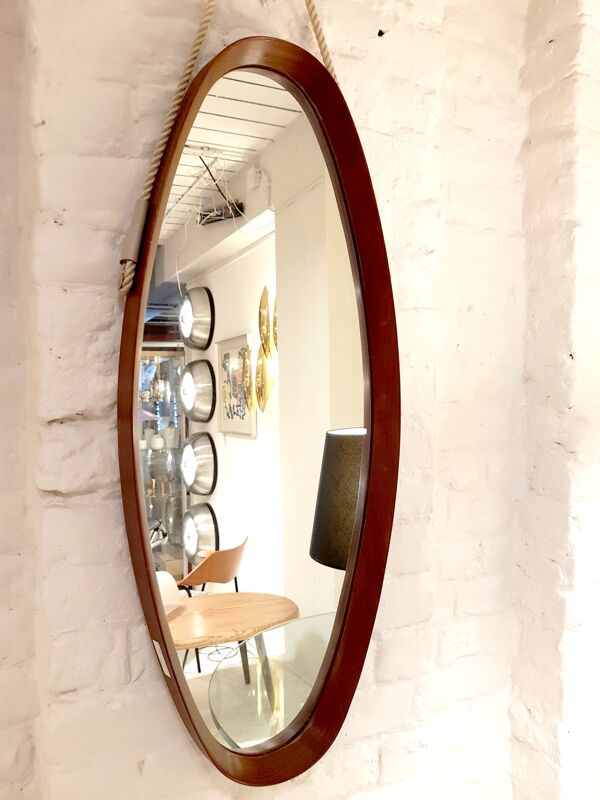 Miroir de hall ovale cadre bois scandinavie 1960s 33x100cm