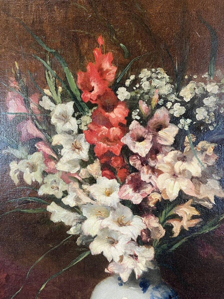 Oil on canvas painting Still life with flowers, Aimé Perret (1846-1927)