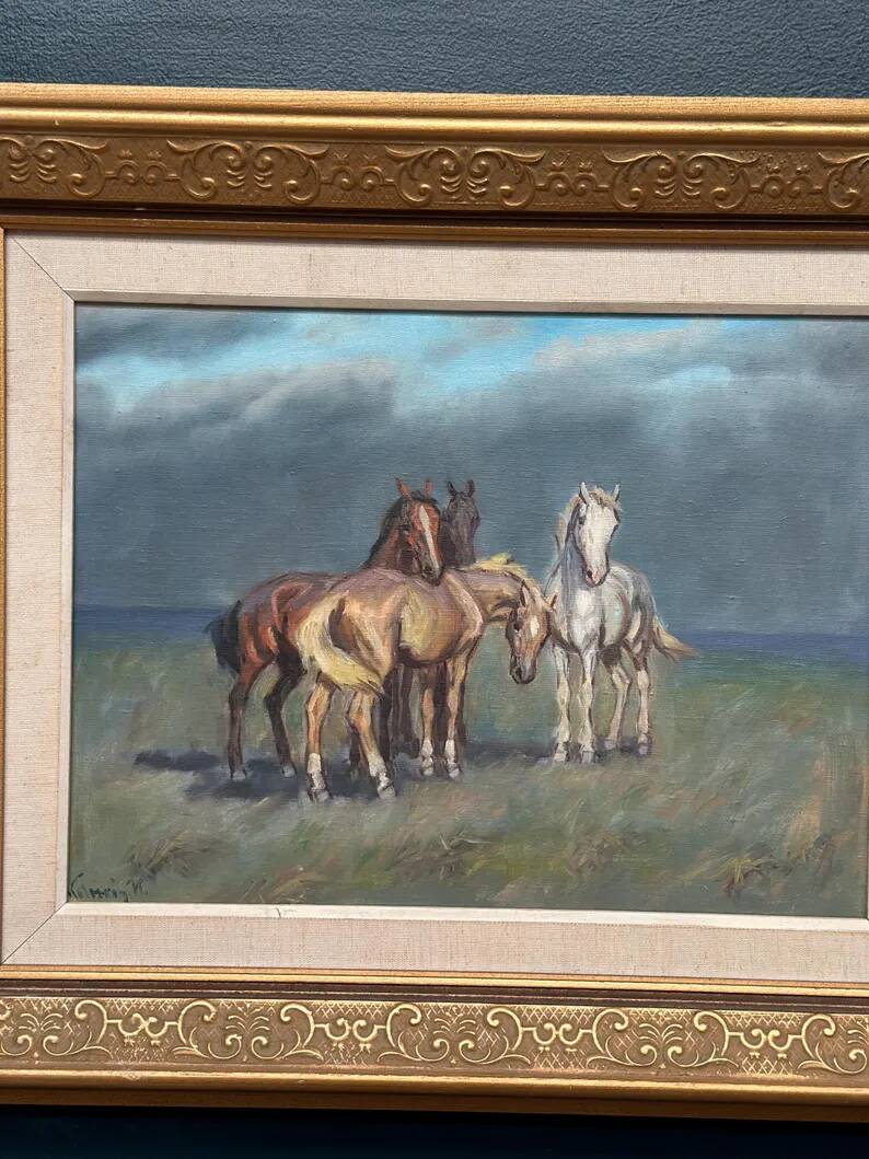 Original Swedish Oil on Canvas – “Horses” – Signed – Vintage & Framed – 59.5 × 49.5 cm