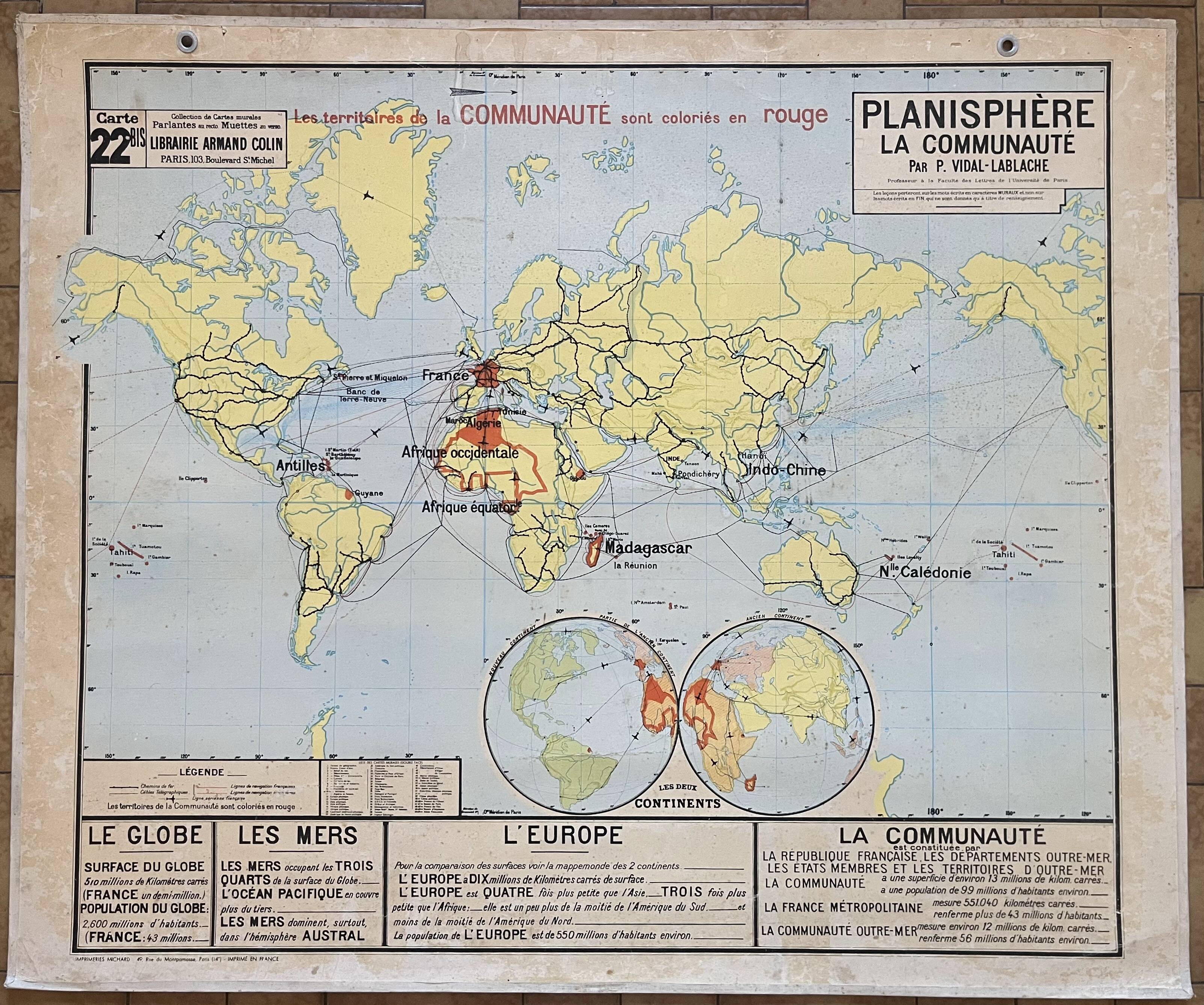 Ancienne carte scolaire Vidal-Lablache 22, 1958 - Planisphère, colonies