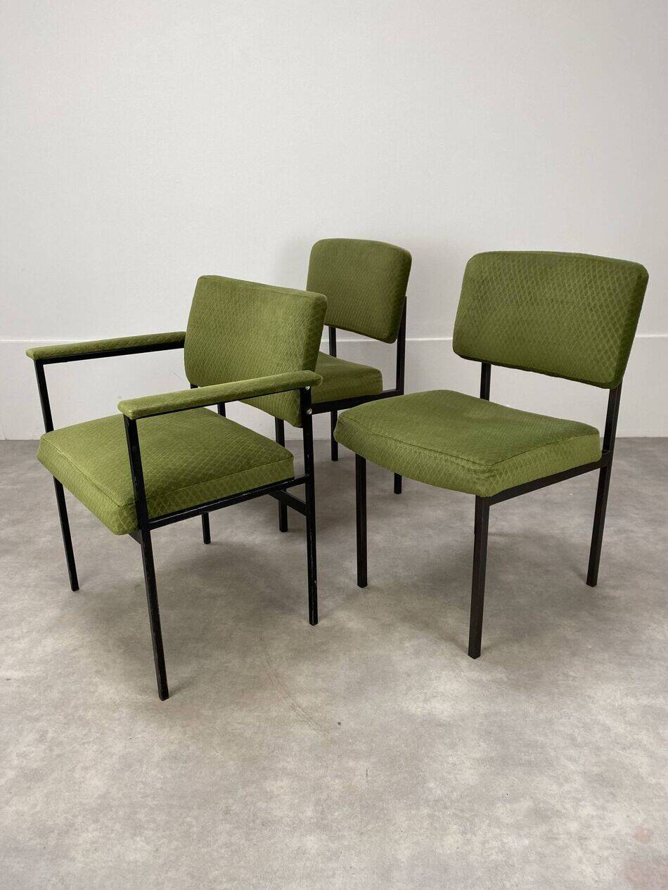 2 chairs and 1 office armchair from the 1950s in green velvet and black metal.