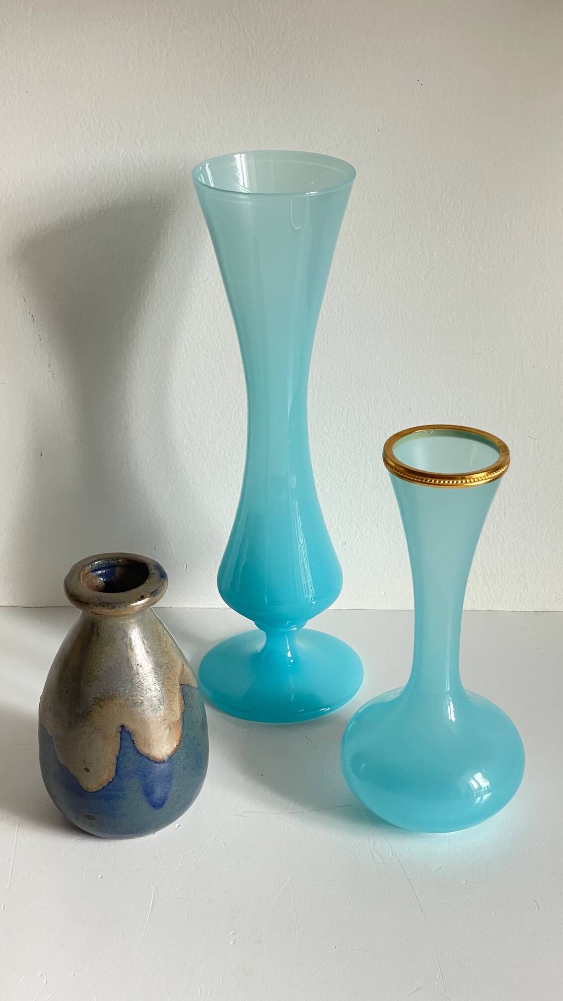 3 VASES Bleu Océan Grès et Verre OPALIN Vintage