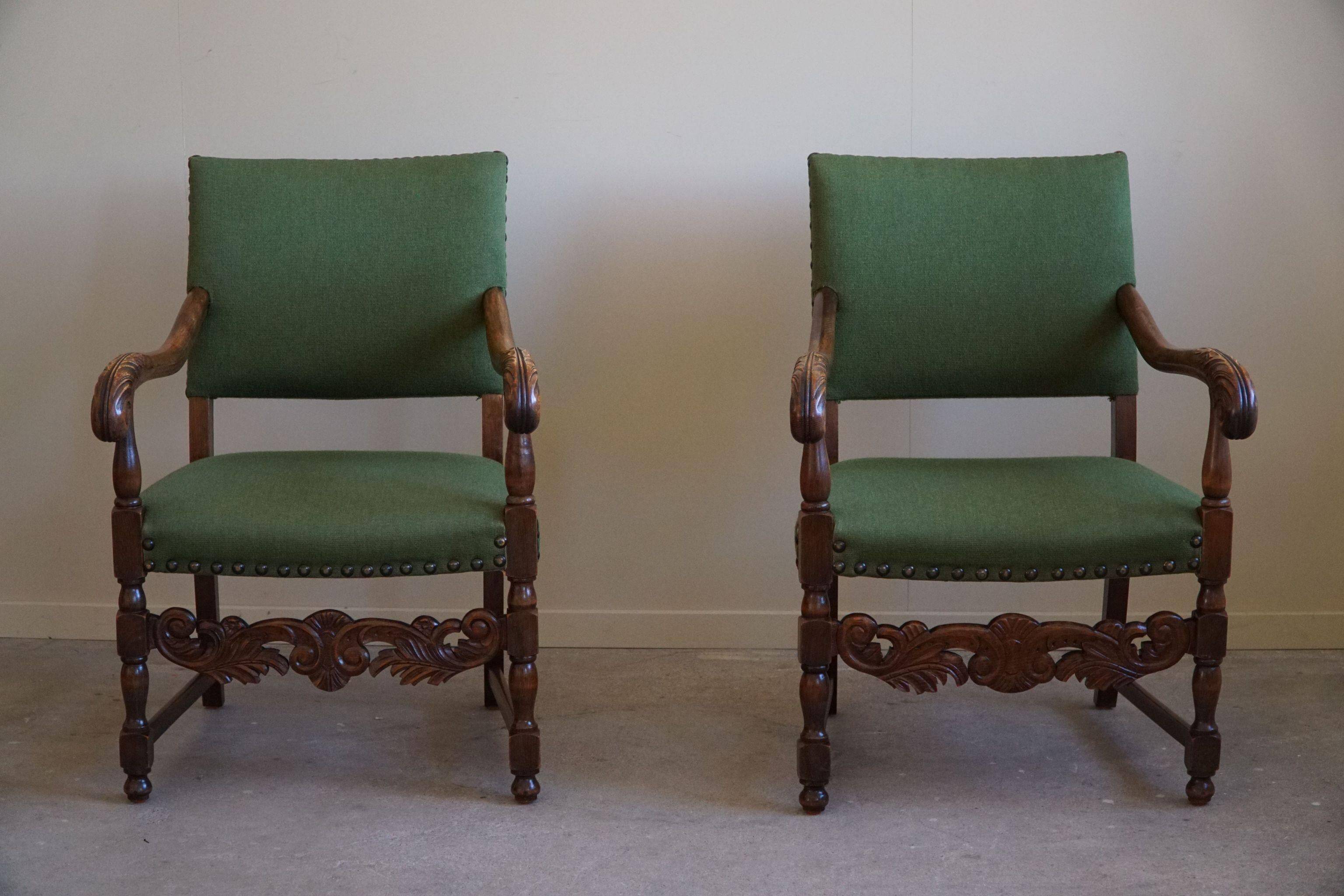Oak and wool armchairs, Louis XIII style, by a French cabinetmaker from the 1930s.
