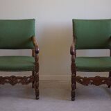 Oak and wool armchairs, Louis XIII style, by a French cabinetmaker from the 1930s.