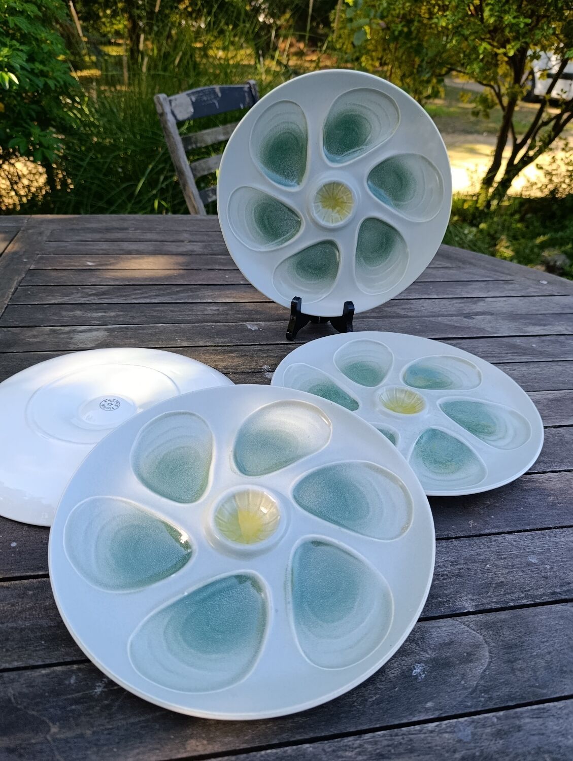 4 green/yellow oyster plates from Salins, 1970