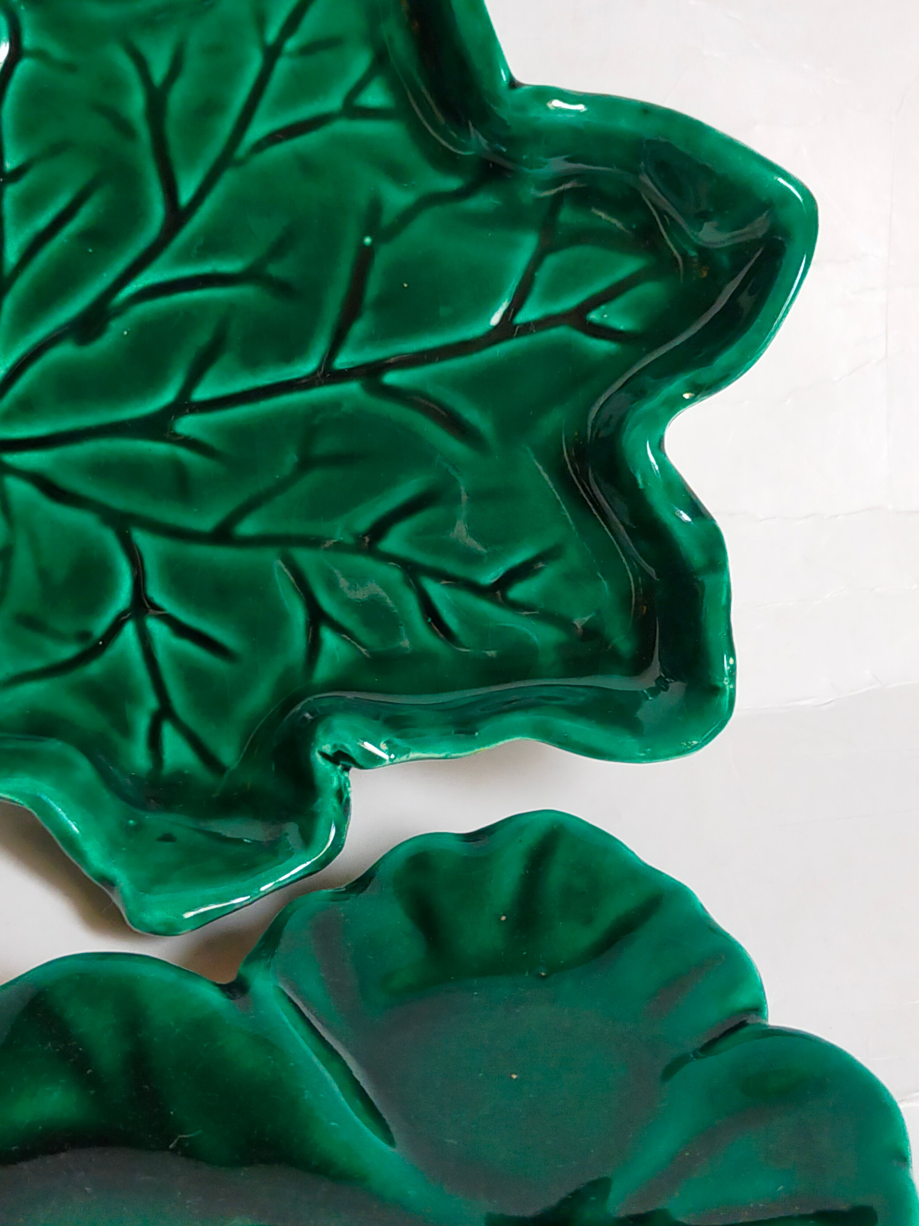 Duo of leaf cups in green slurry from Vintage Vallauris