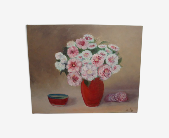 Oil on canvas painting bouquet of flowers, signed and dated