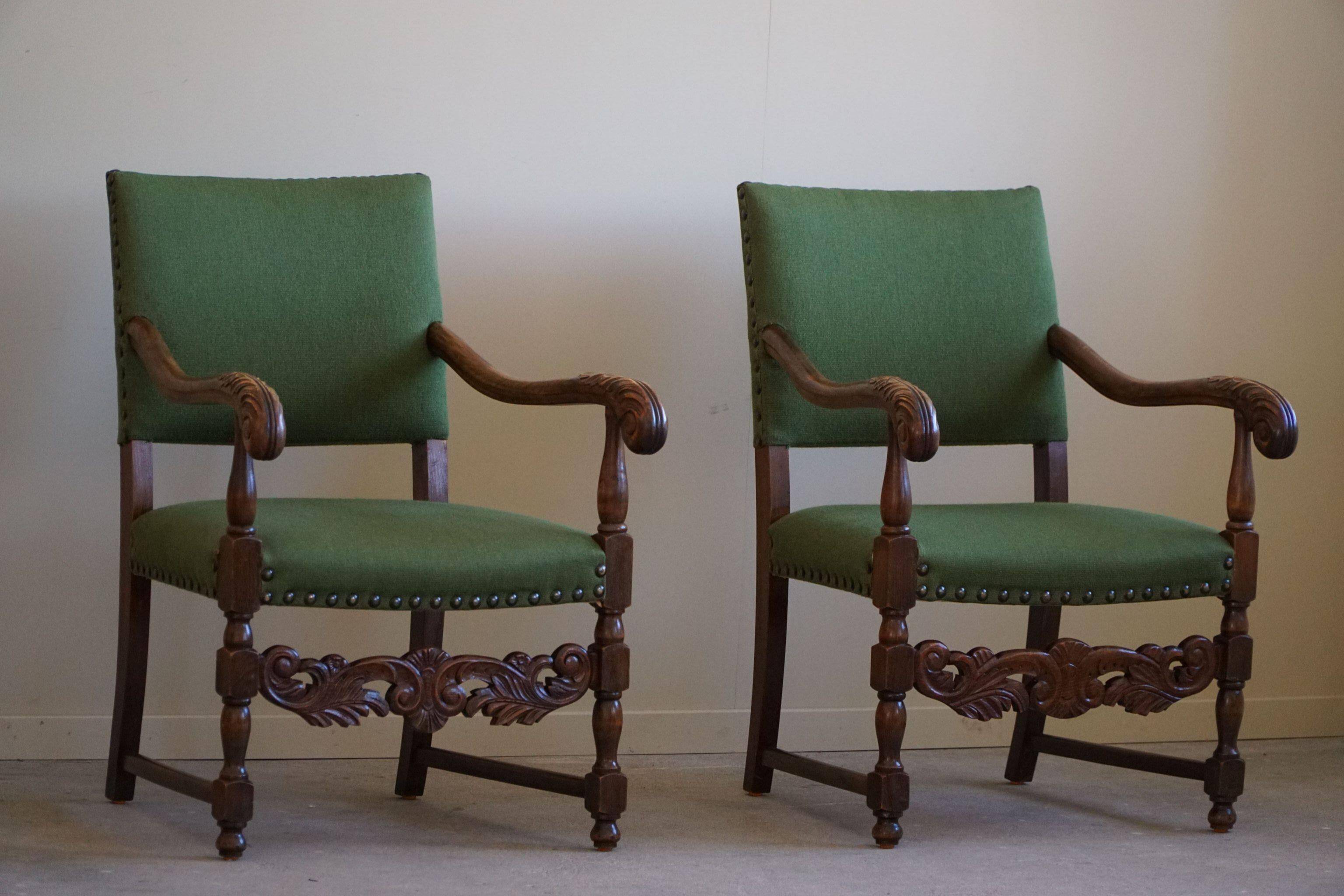 Oak and wool armchairs, Louis XIII style, by a French cabinetmaker from the 1930s.