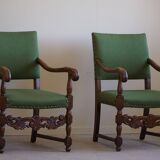Oak and wool armchairs, Louis XIII style, by a French cabinetmaker from the 1930s.