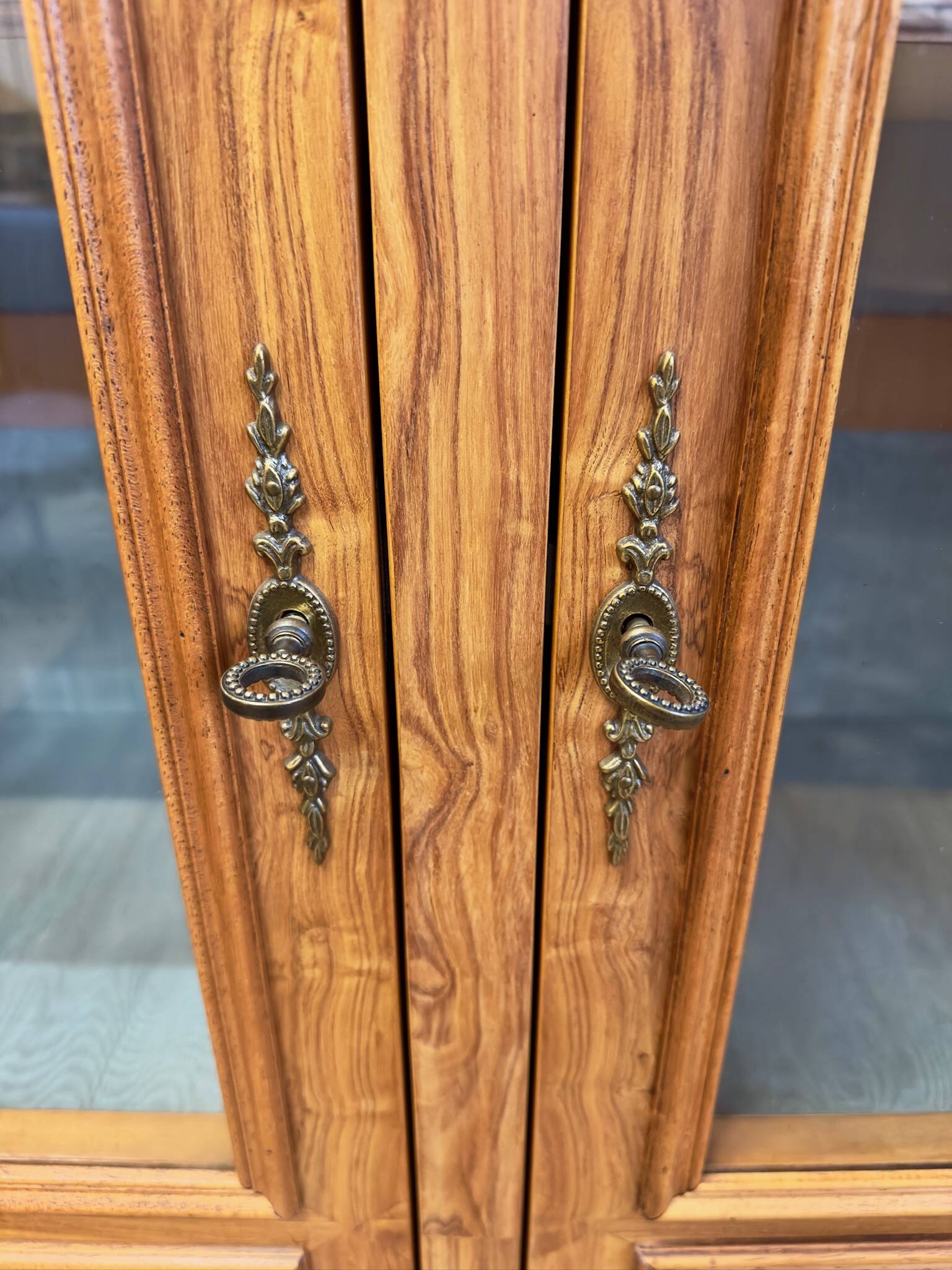 Antique marquetry wooden display cabinet