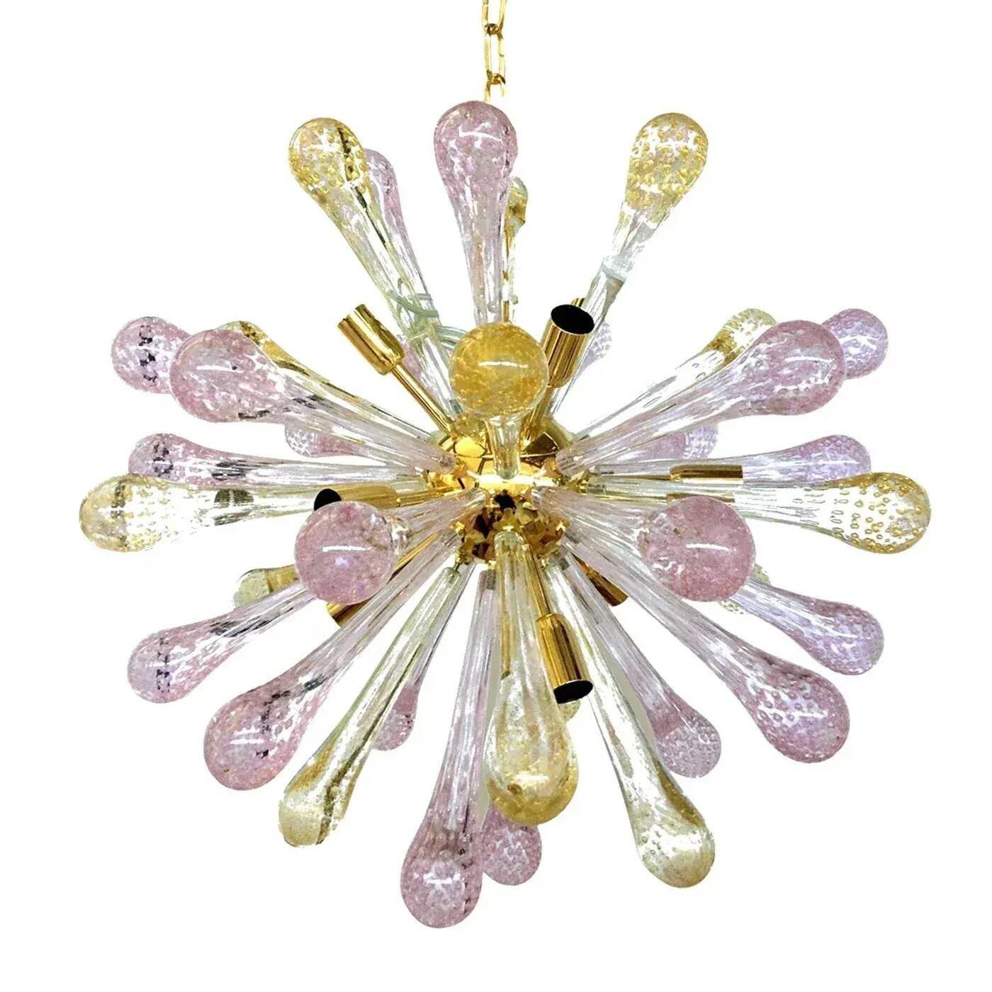 Sputnik Chandelier in Murano Glass with Gold and Pink Air Drops