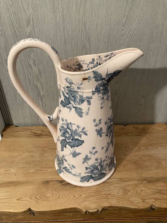 Antique water pitcher, English earthenware, Floral Furnivals England