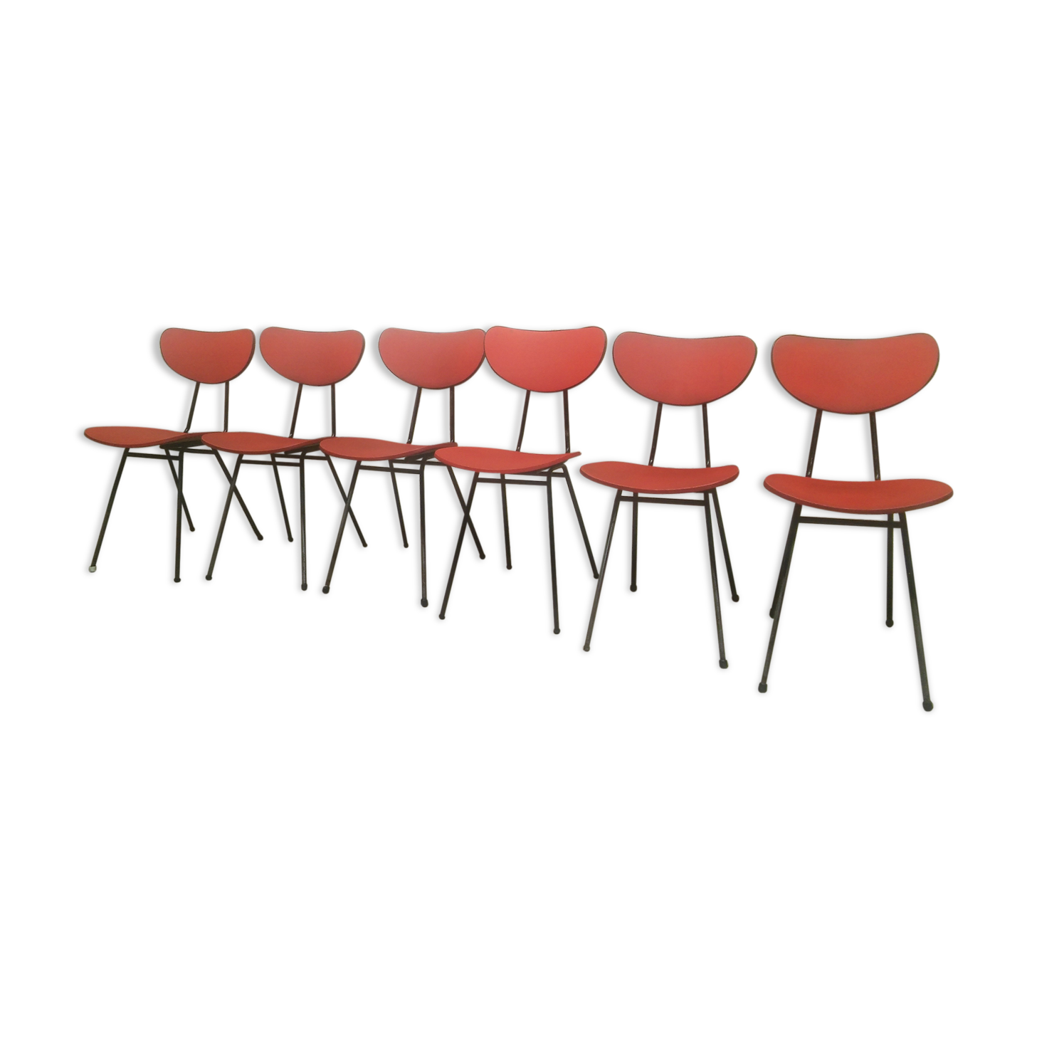 Lot of 6 red chairs in faux leather metal compass feet