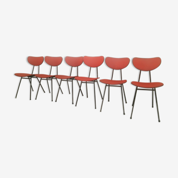 Lot de 6 chaises rouge en simili cuir pieds compas en métal