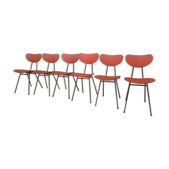 Lot of 6 red chairs in faux leather metal compass feet