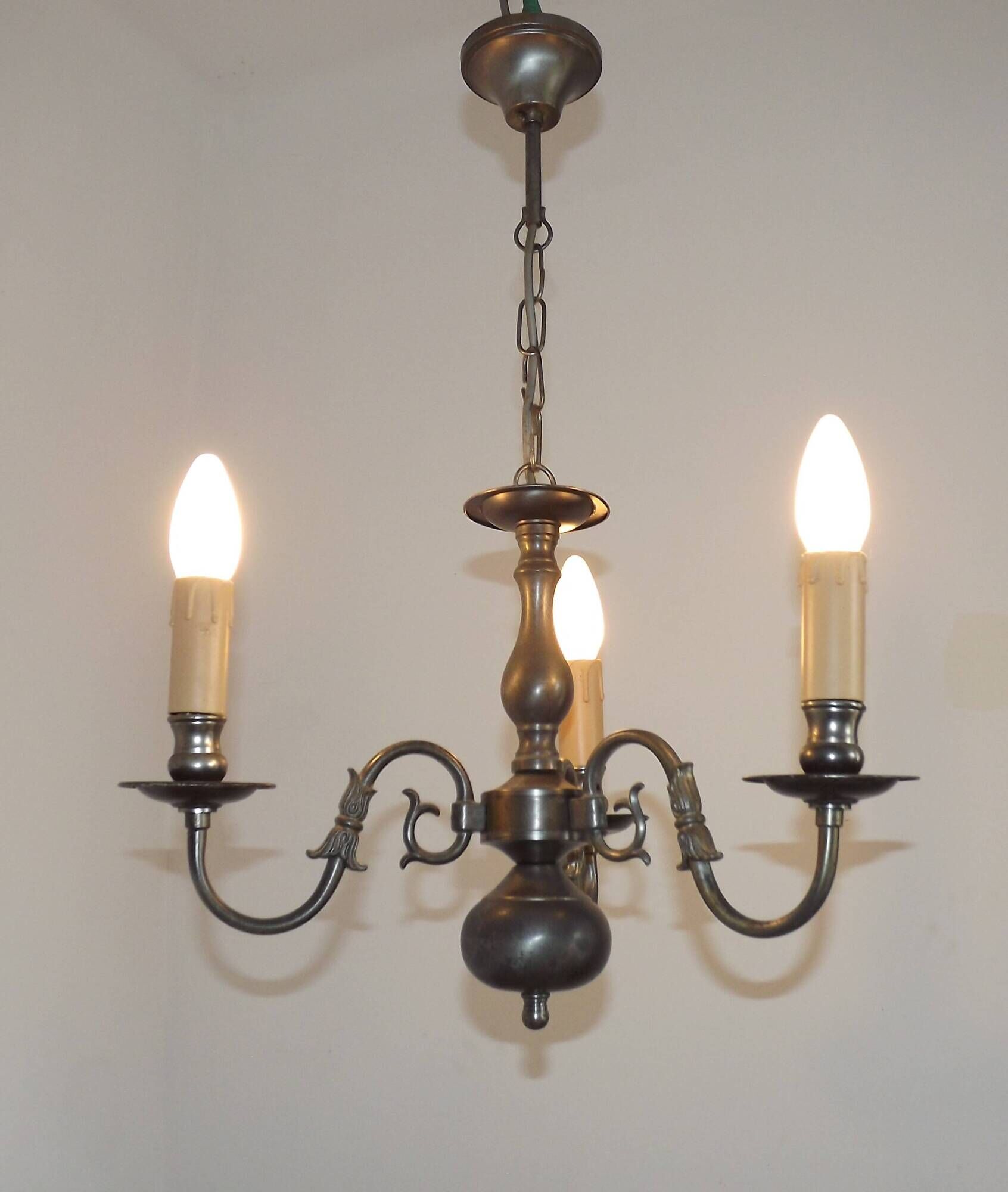Italian Vintage Silver Brushed Metal 3 Light Flemish Style Chandelier