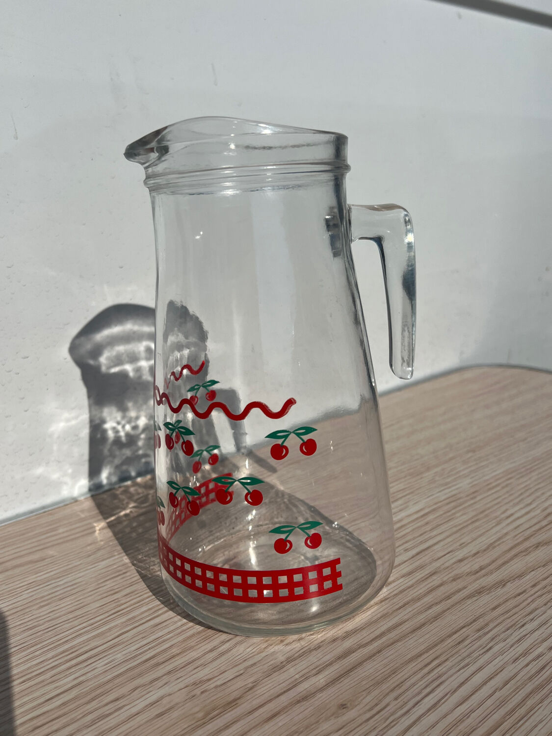 Vintage glass carafe fruit cherry patterns