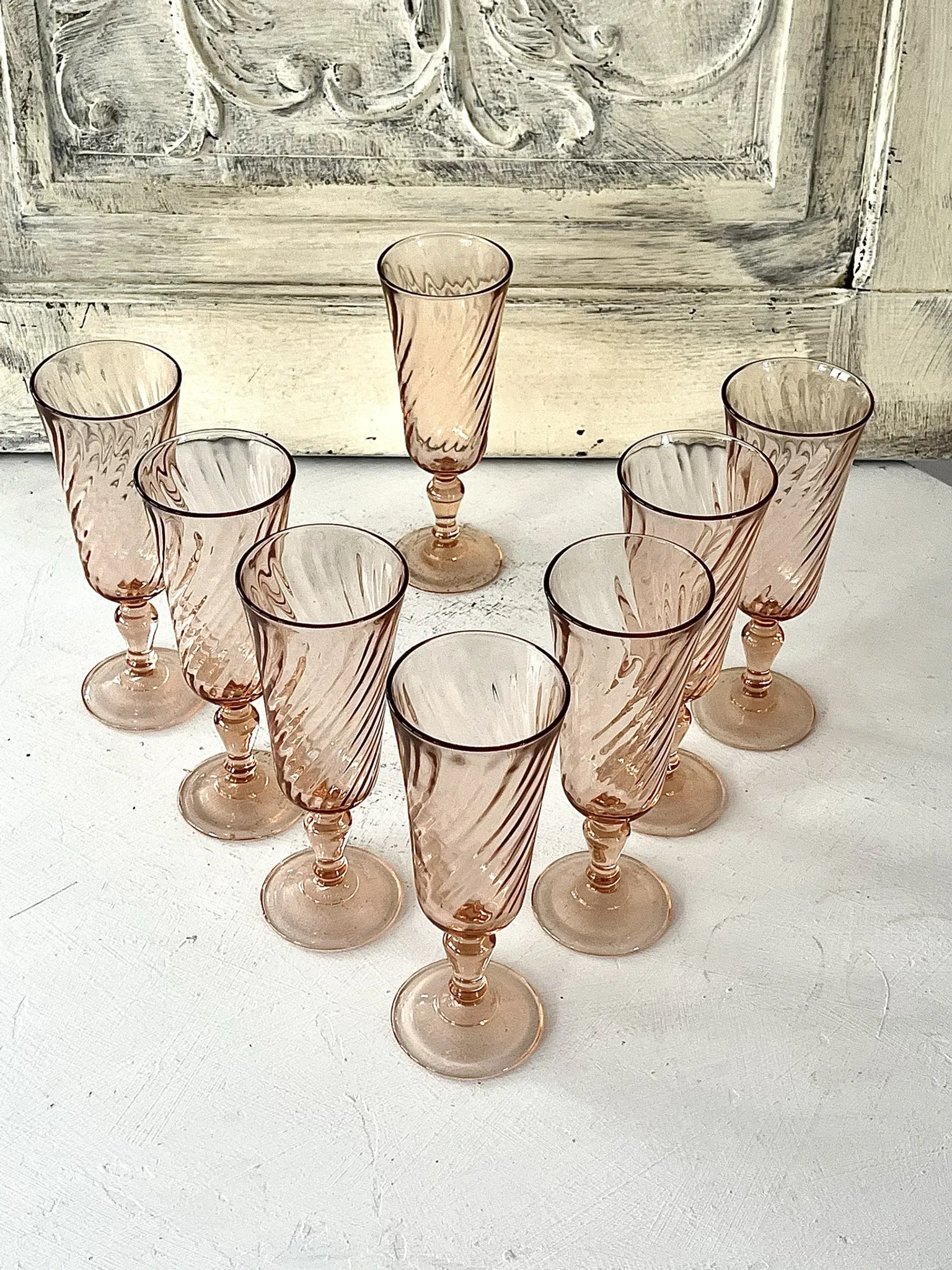 Champagne flutes pink set of 8, French swirl glass stemware rosaline