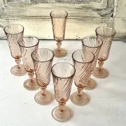 Champagne flutes pink set of 8, French swirl glass stemware rosaline
