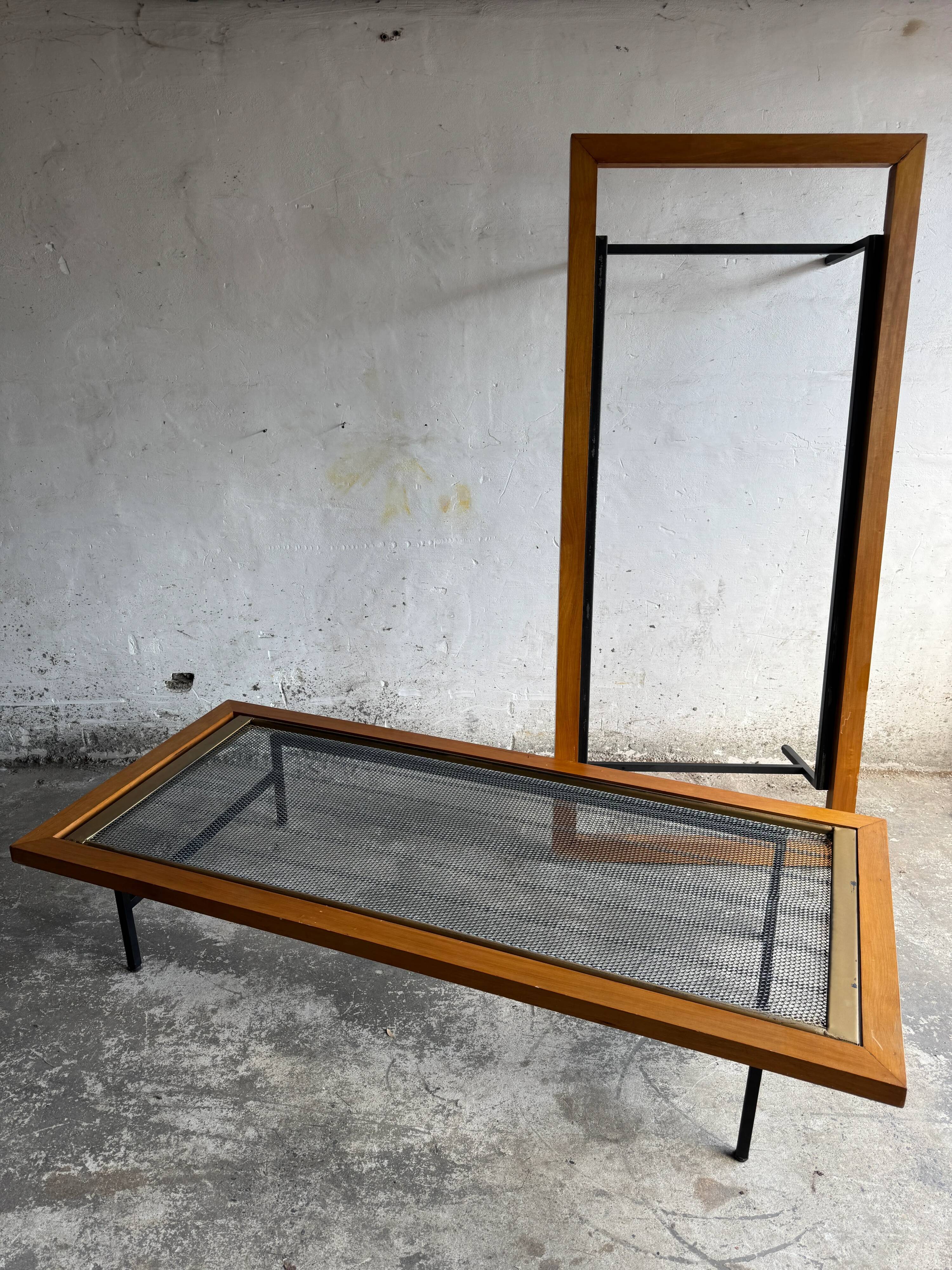 Set of 2 DeCoene Minimalist Daybeds — Natural Wood & Black Metal Mesh with Brass Trim