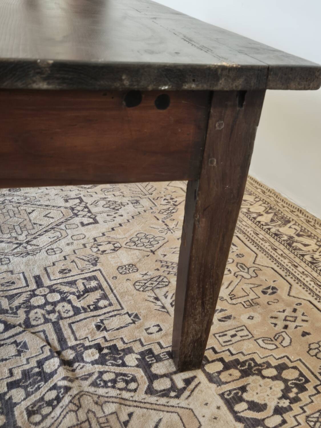 Rustic farmhouse coffee table from the 1900s with two drawers.