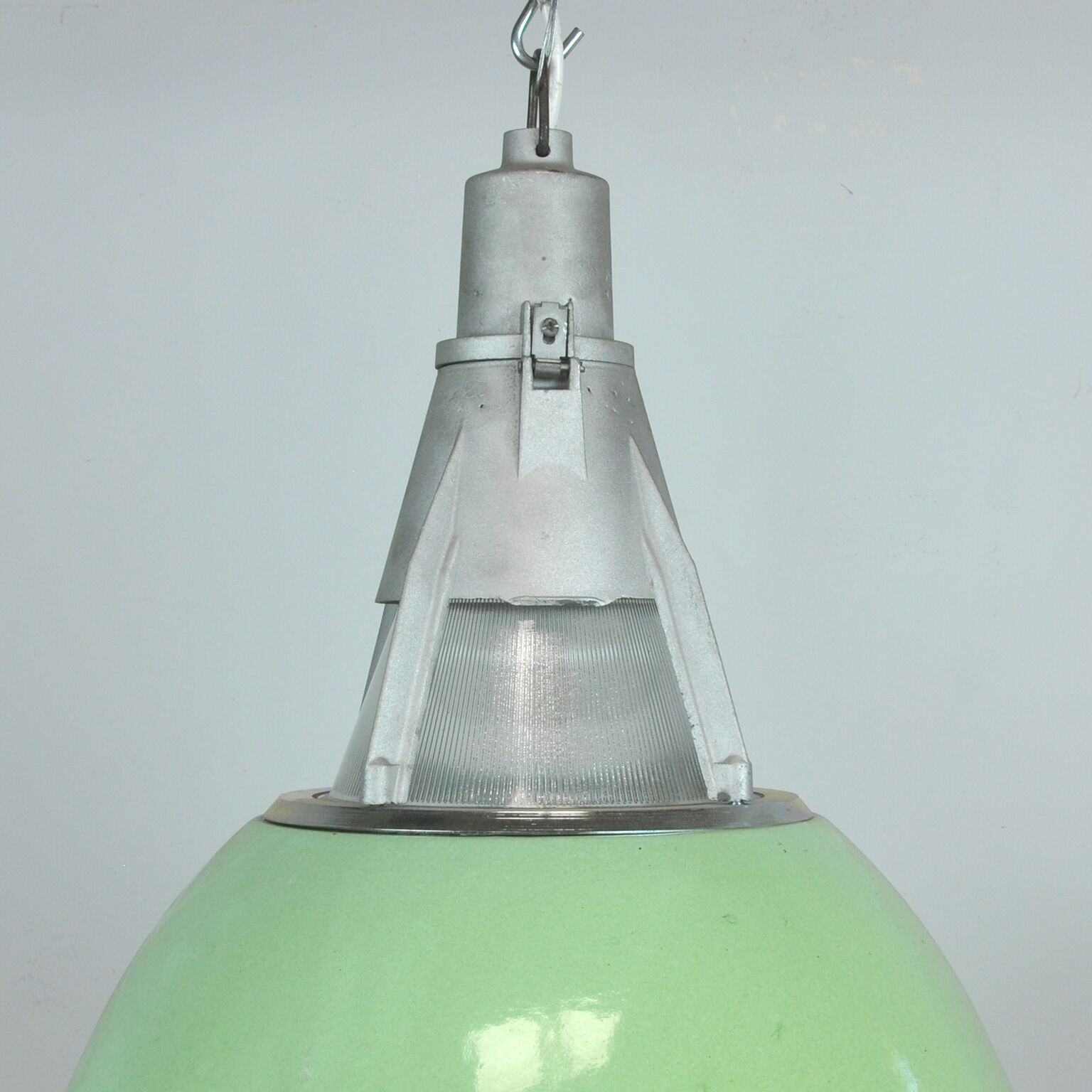 Green Enameled Industrial Pendant Light, 1950s