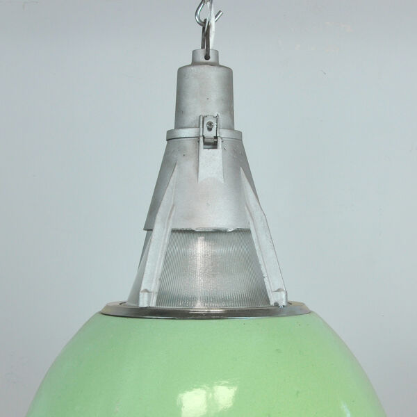 Green Enameled Industrial Pendant Light, 1950s