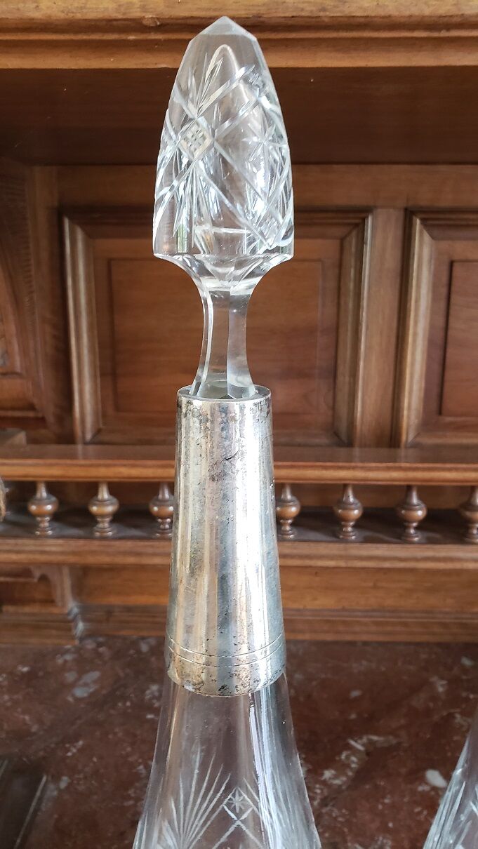 Pair of crystal and metal decanters