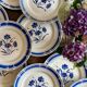 Set of 12 antique flat plates, blue flower decorations