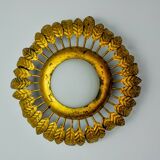 Sun wall lamp by ferro arte, metal and gold leaf and opaline glass, Spain, 1960