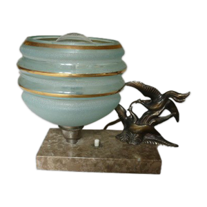 lampe veilleuse oiseaux art Déco, marbre, régule et verre granité bleu