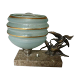 Lampe veilleuse oiseaux Art Déco, marbre, régule et verre granité bleu