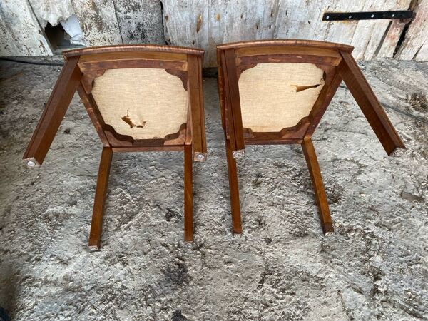 Paire Chaise Ancienne Art Deco Bois + Assise Cuir Rouge Vintage #D742