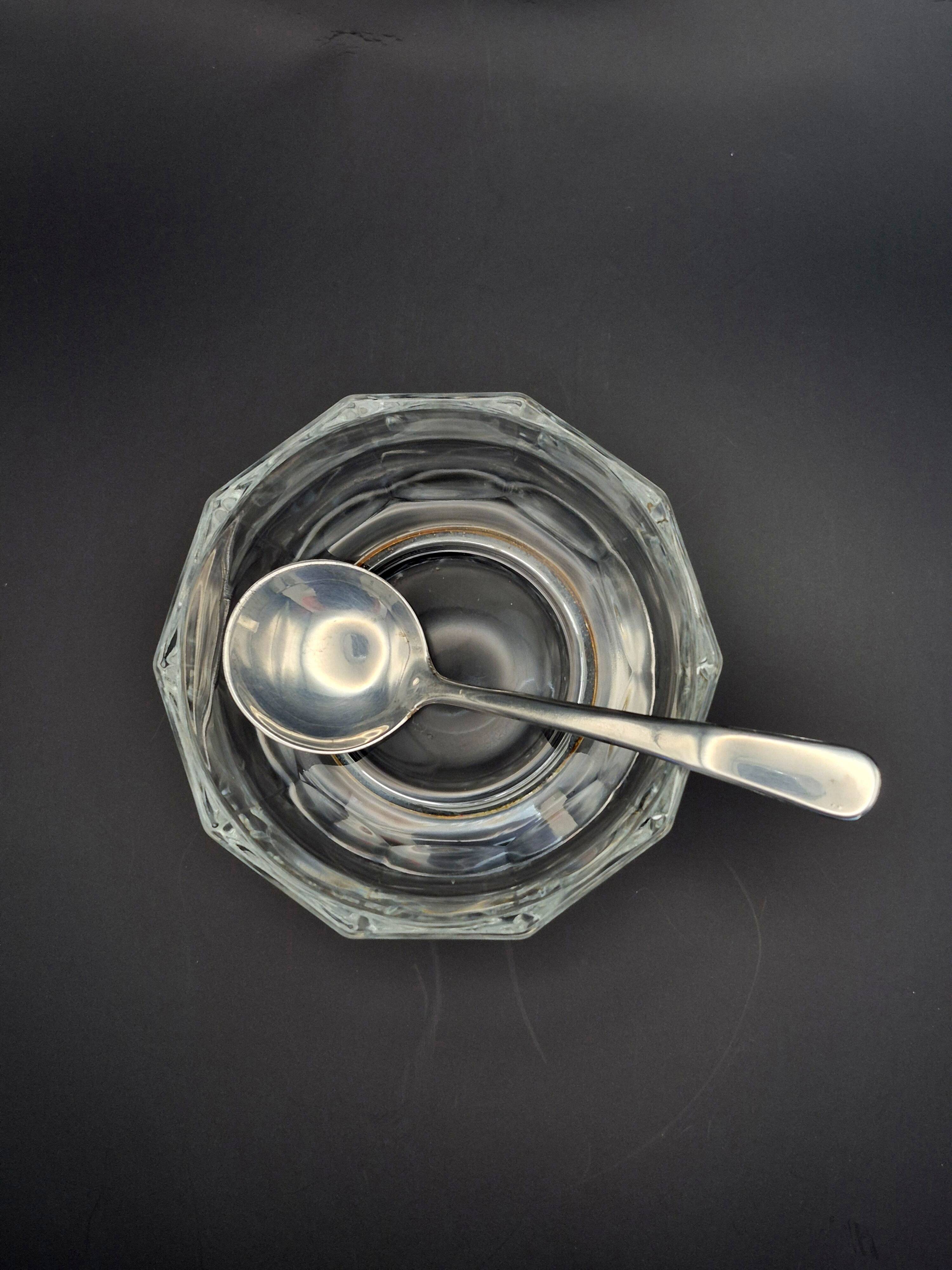 Art Deco thick crystal/glass bowl, silver-plated metal pedestal.