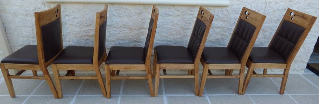 6 High-back chairs in high-quality, plush solid wood with brown faux leather