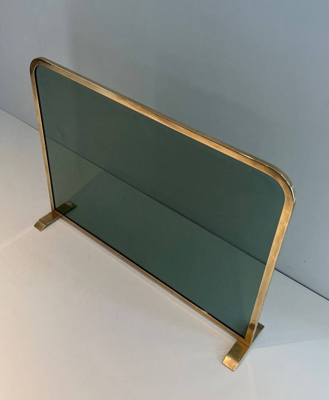 Single Panel Fire Screen in Tinted Green Glass with Brass Frame
