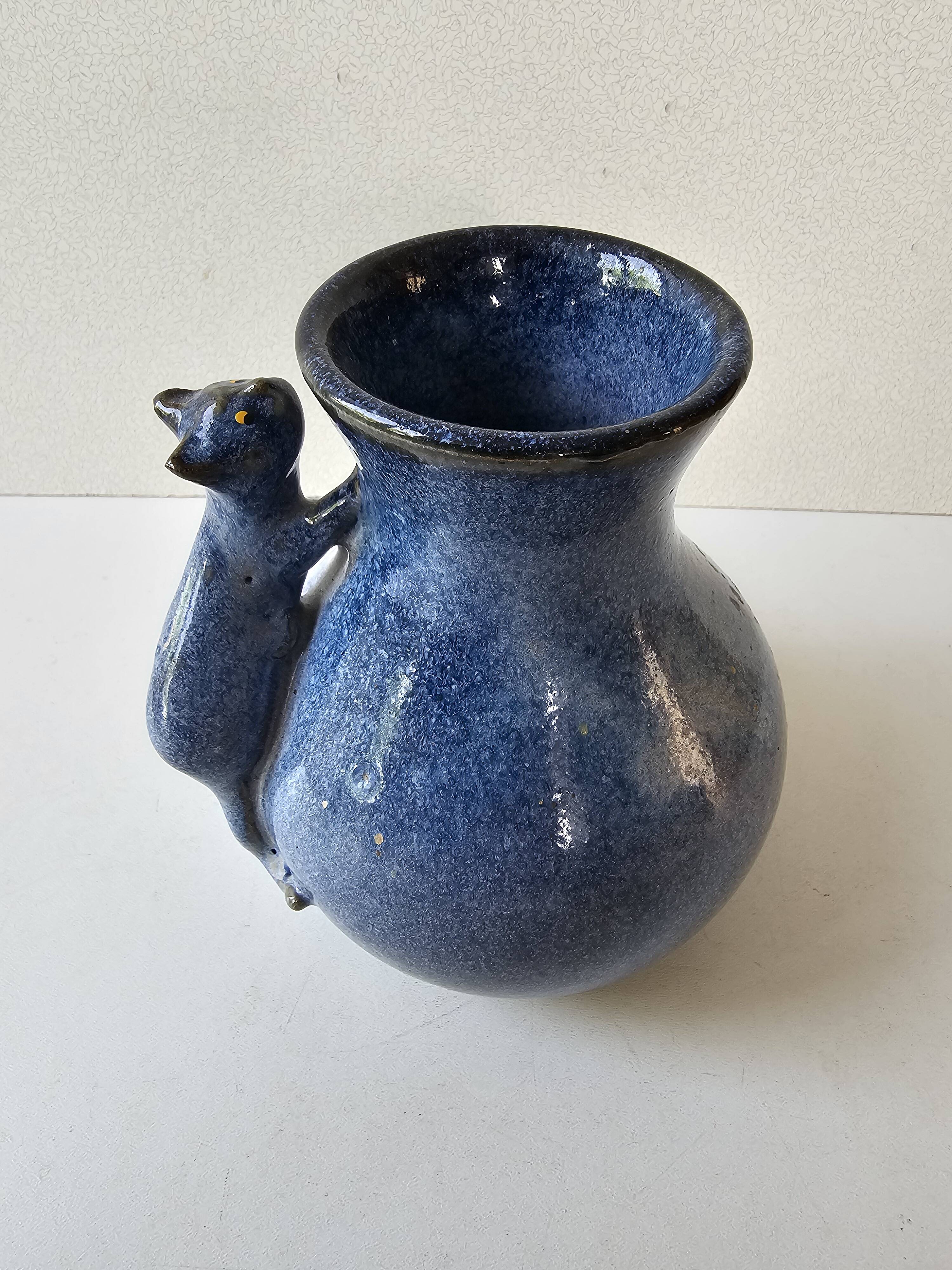 Blue ceramic cat vase signed Jean Louis Scouarnec
