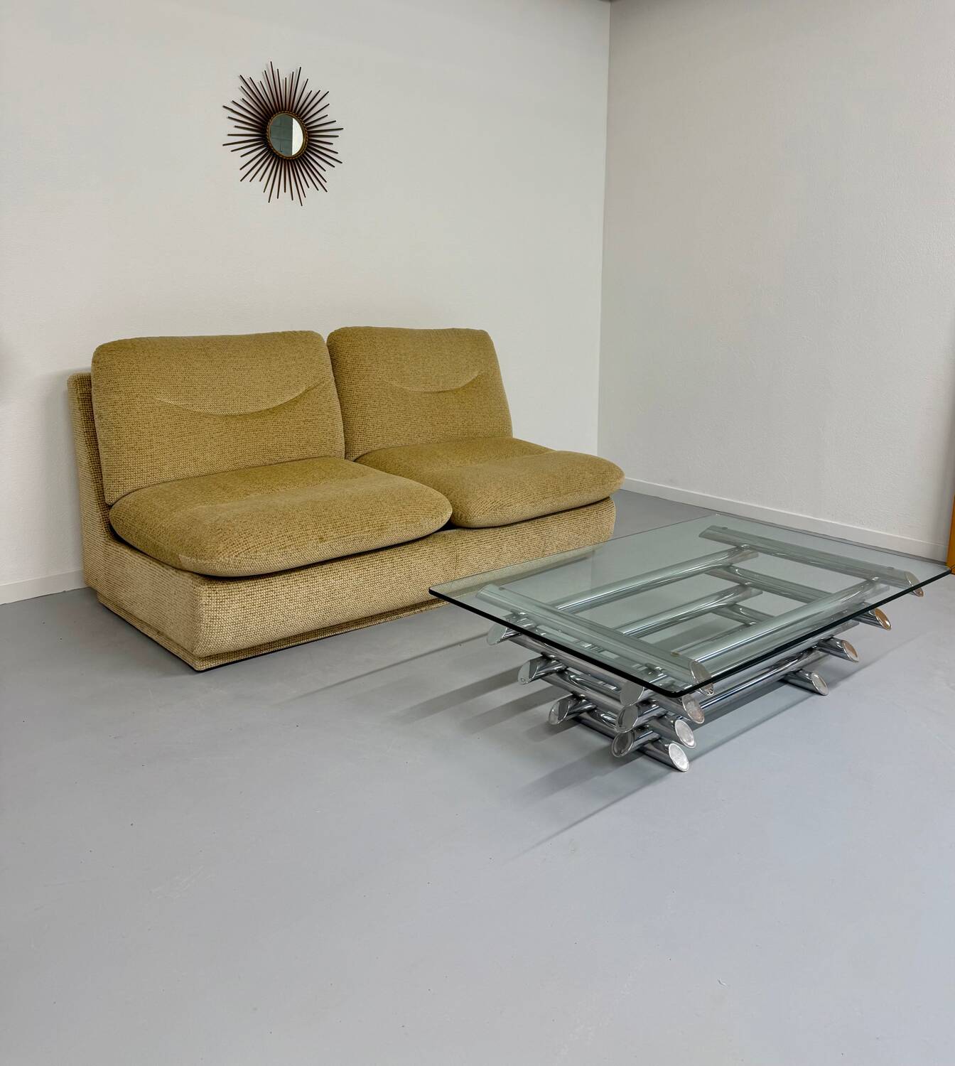 Space coffee table from the 70s, tubular metal and glass, Italian design