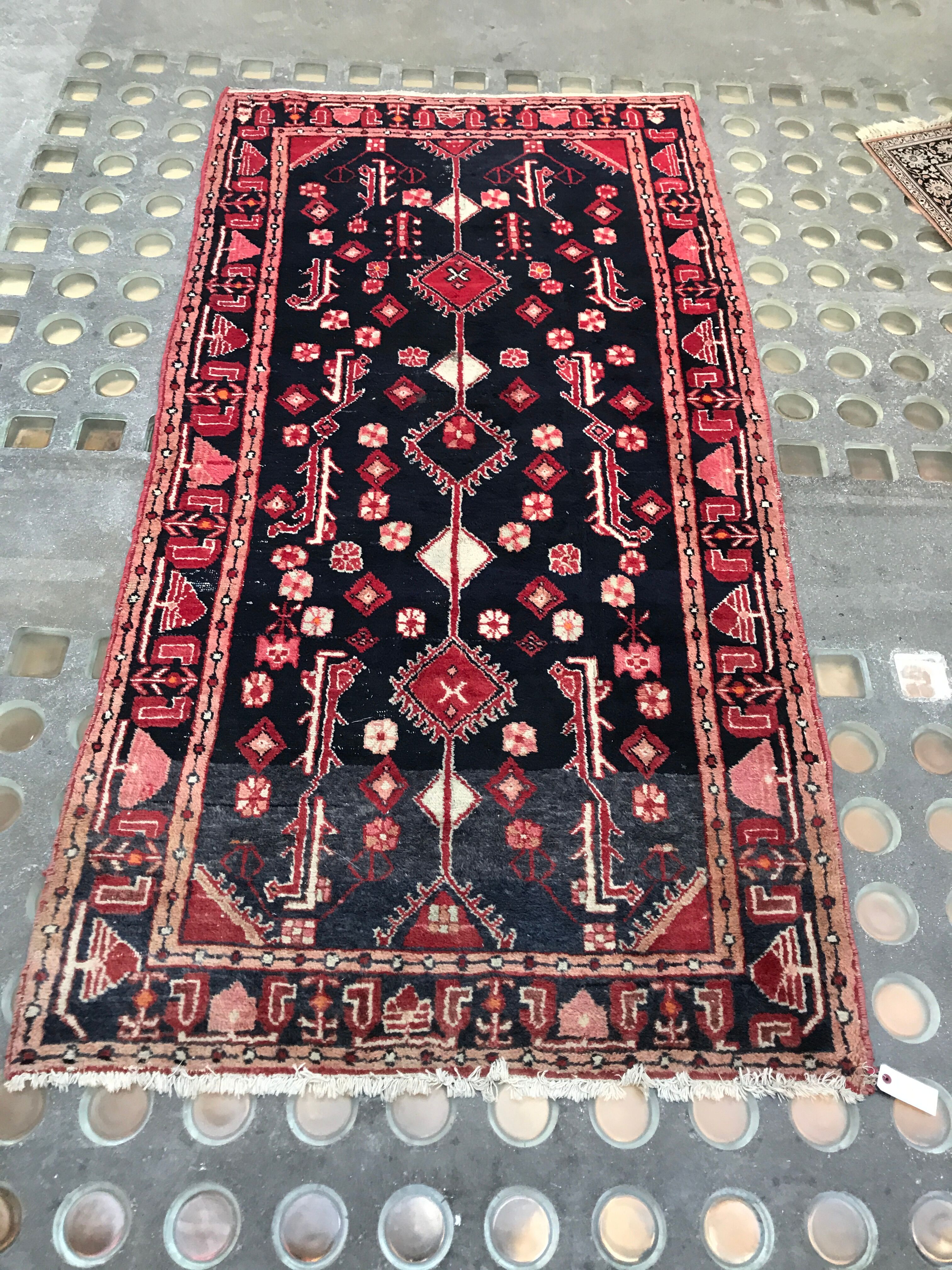 Persian wool gallery with red geometric decoration on blue background 132x254cm