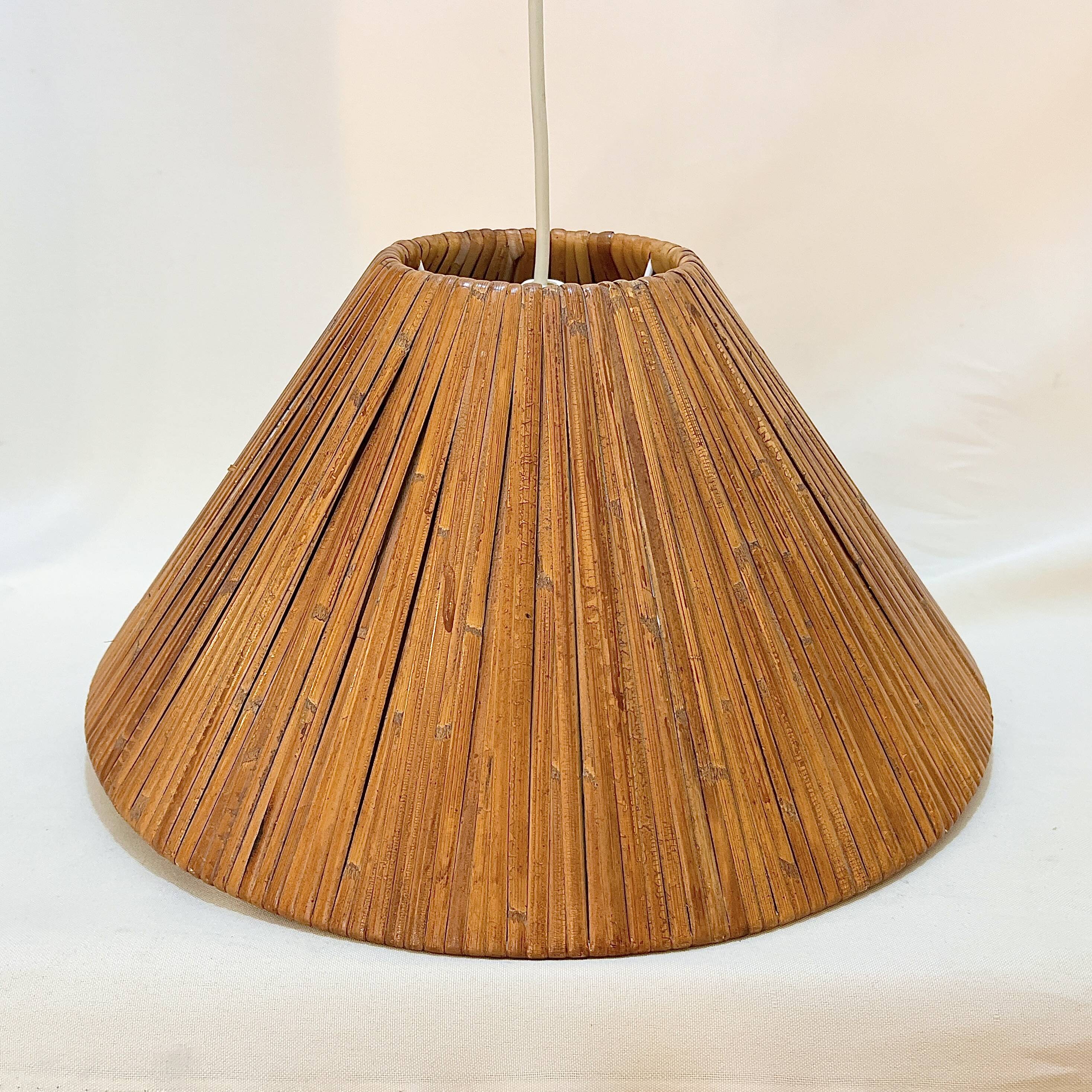 Vintage wicker or rattan conical pendant light from the 70s and 80s, bohemian chic