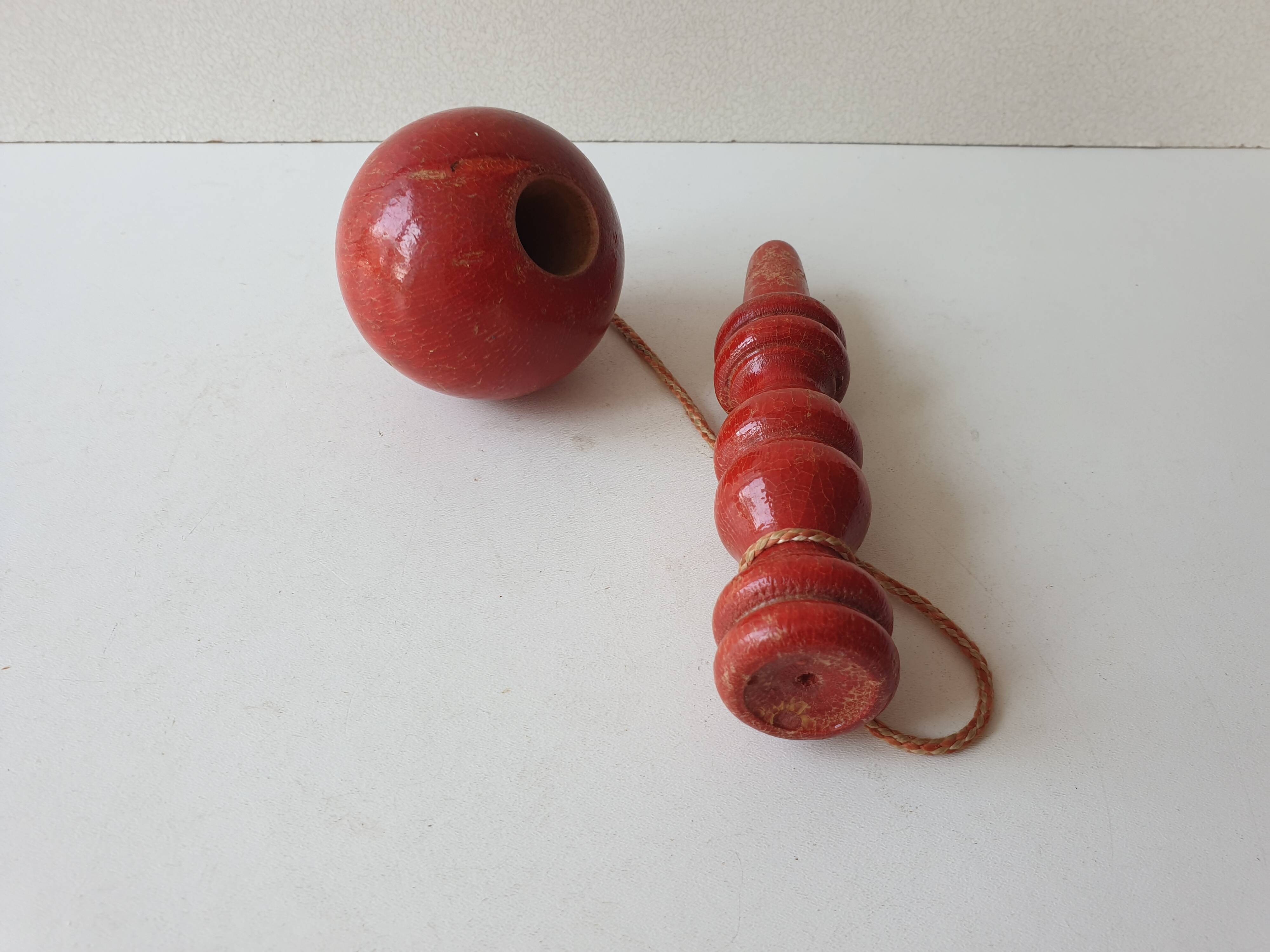 Old wooden Bilboquet - red color Height 17.5 Cm