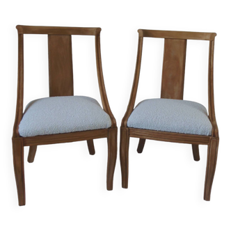 Pair of gondola low chairs, medium oak waxed beech structure, cream terry fabric.
