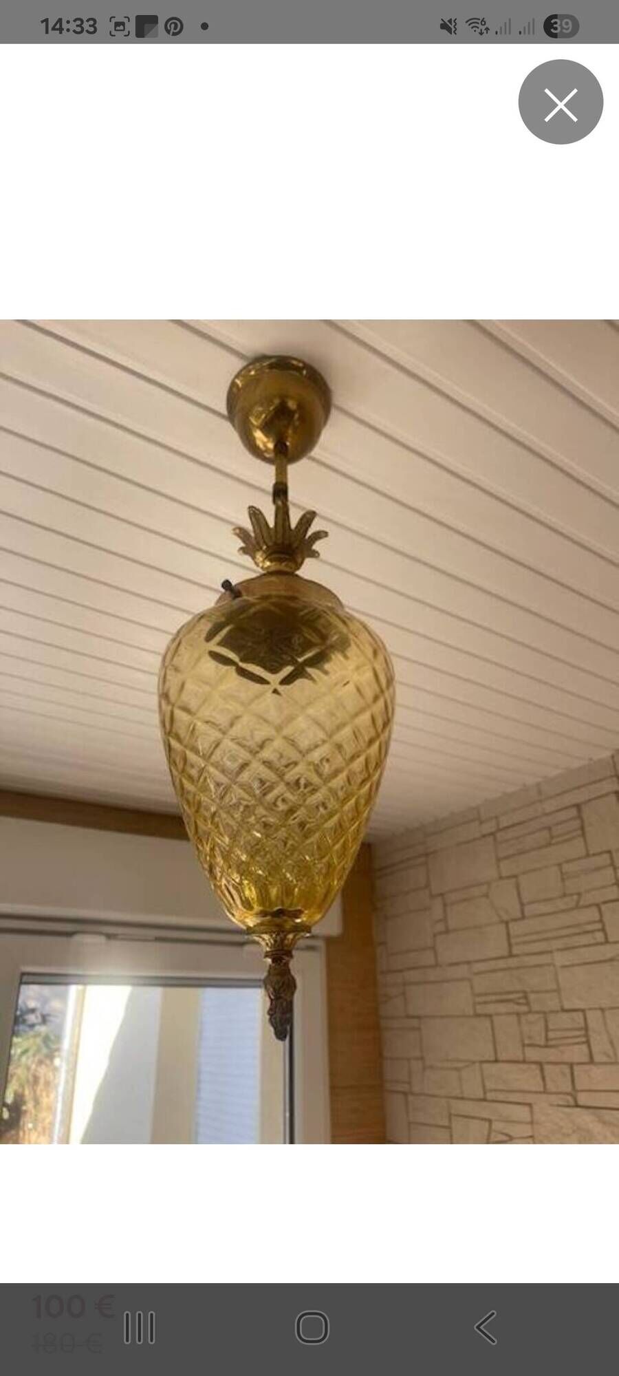 Superbe lustre ananas en verre ambré et laiton