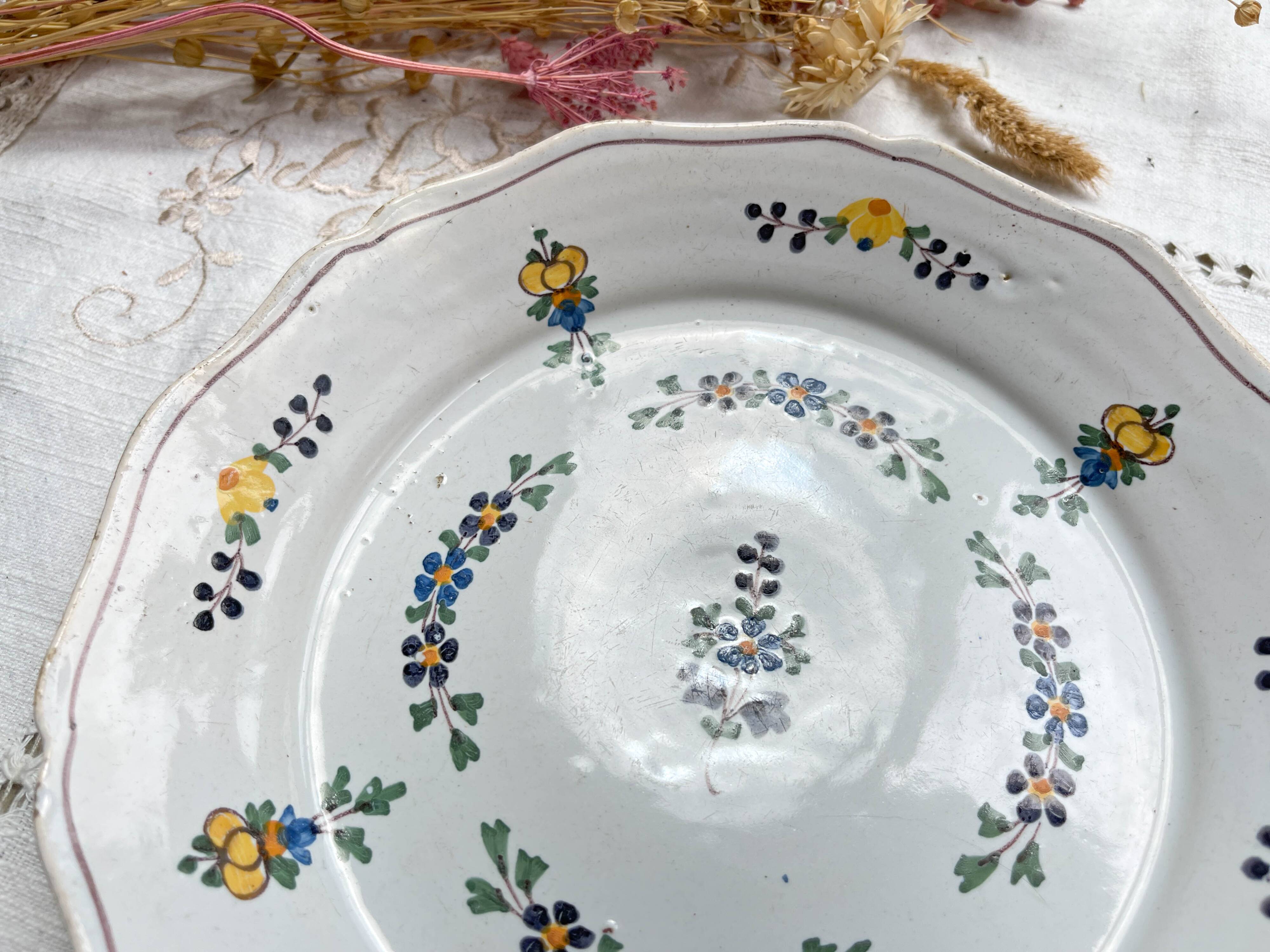 Antique French Earthenware Plate 18th Century NEVERS Small Blue Flowers