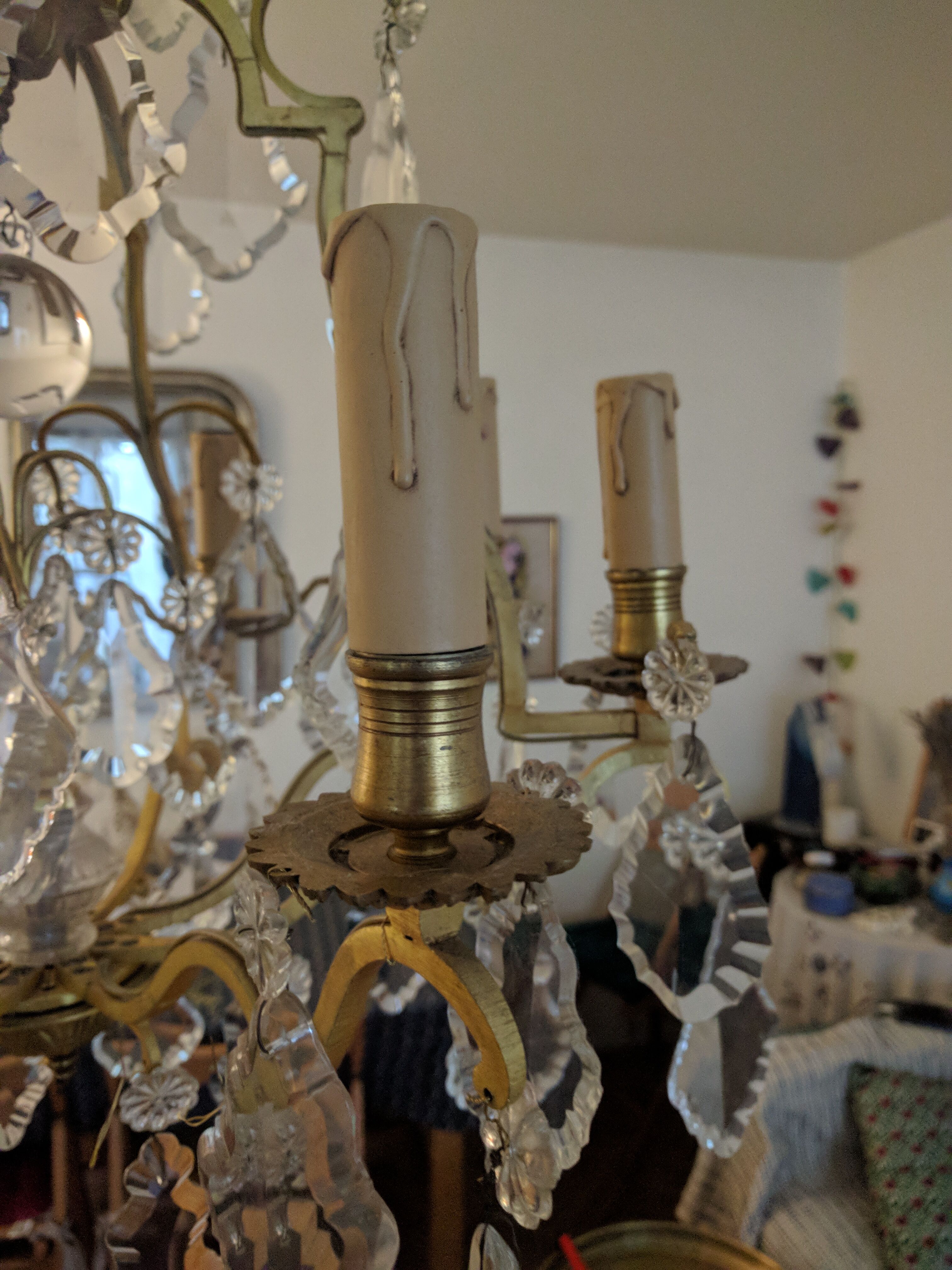 Old chandelier 8 branches bronze and Bohemian crystal late nineteenth