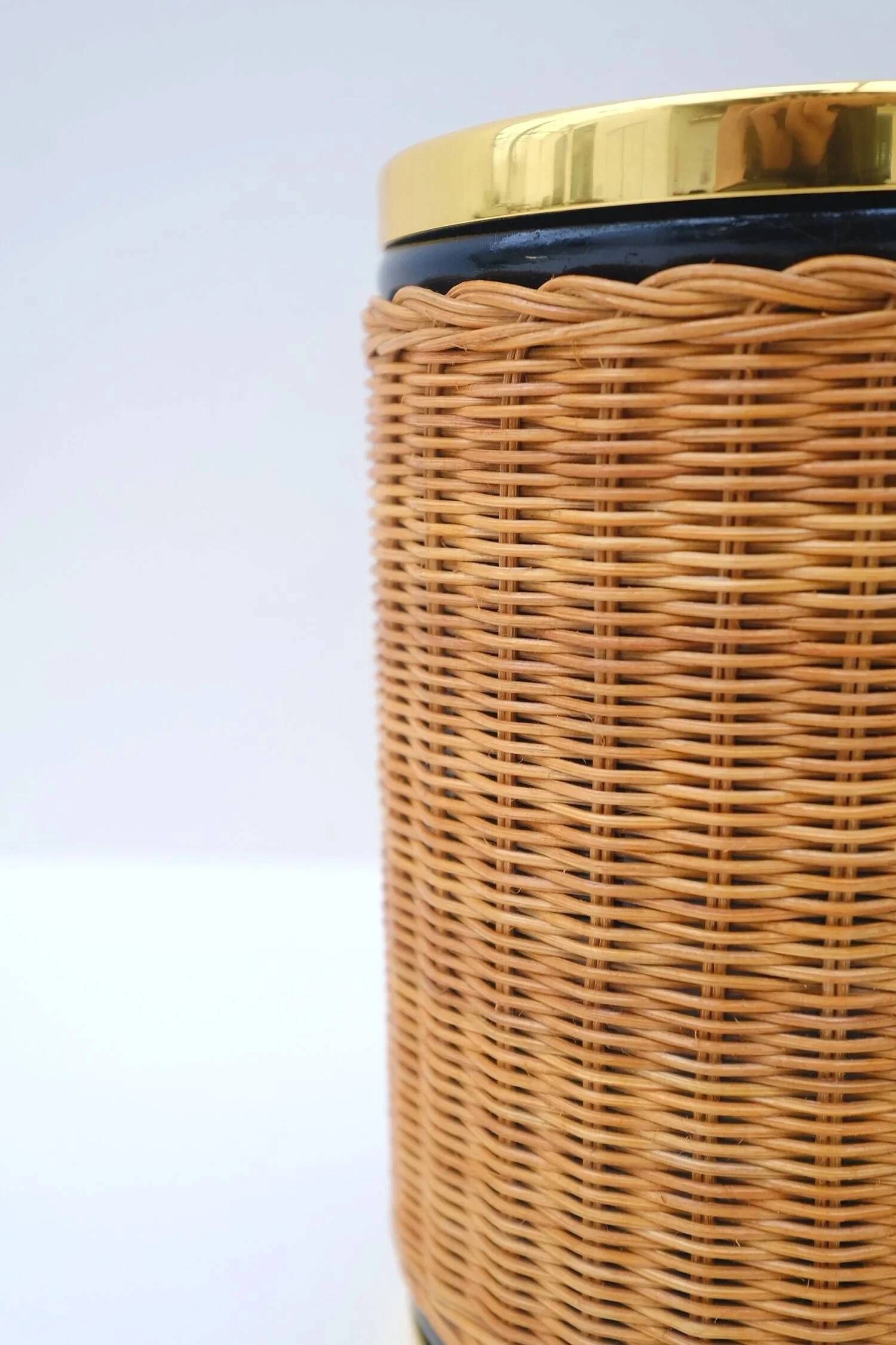 Rattan and chrome ice bucket, bottle and shaker set, France 1970