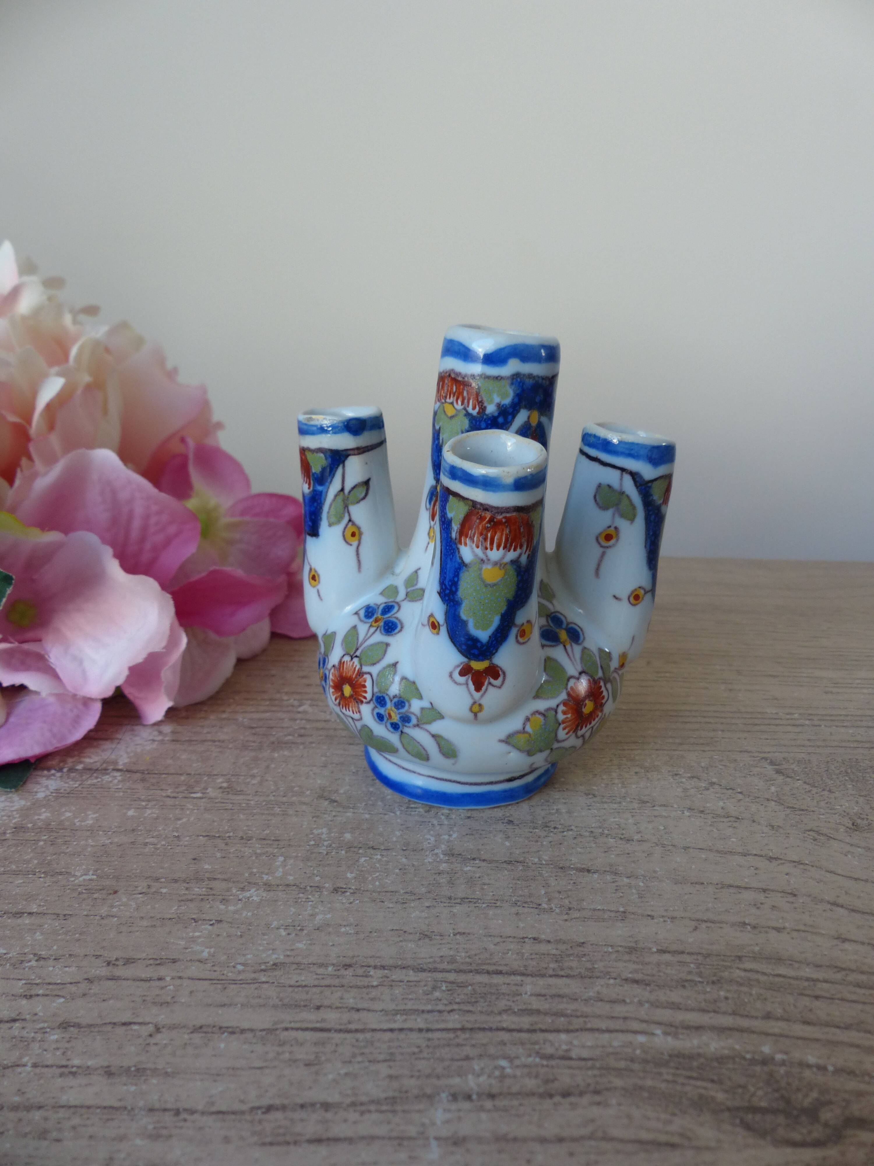 Old small flower vase, Rouen earthenware, hand-painted, miniature vase