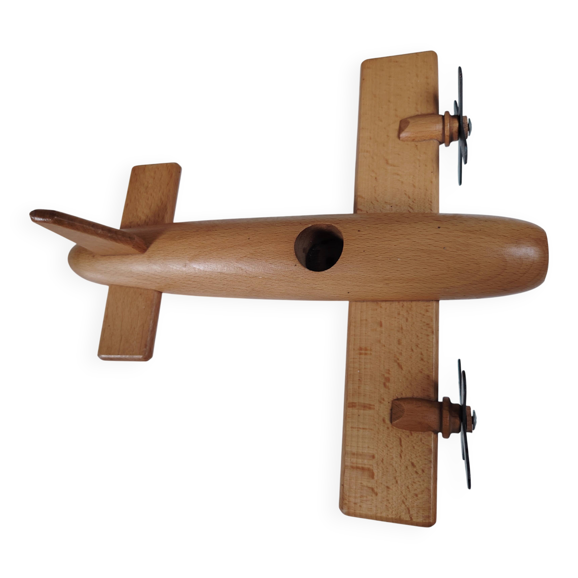 Vintage twin-engine aircraft in solid beech - Moulin Roty (1990s)
