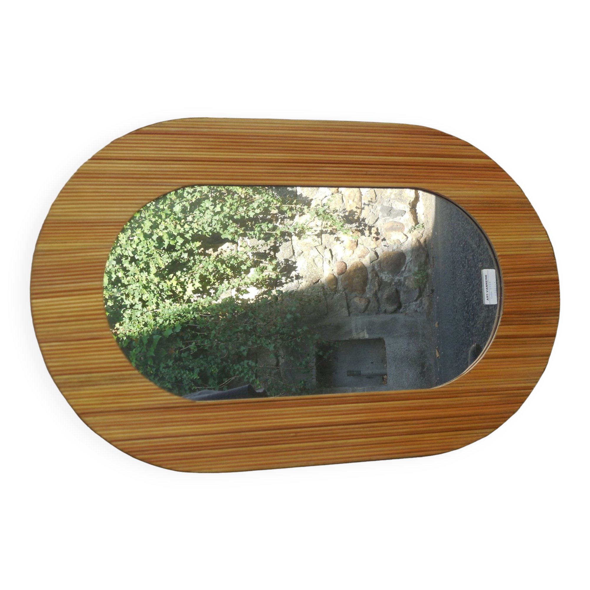 Vintage oval bamboo rattan mirror from the 1980s